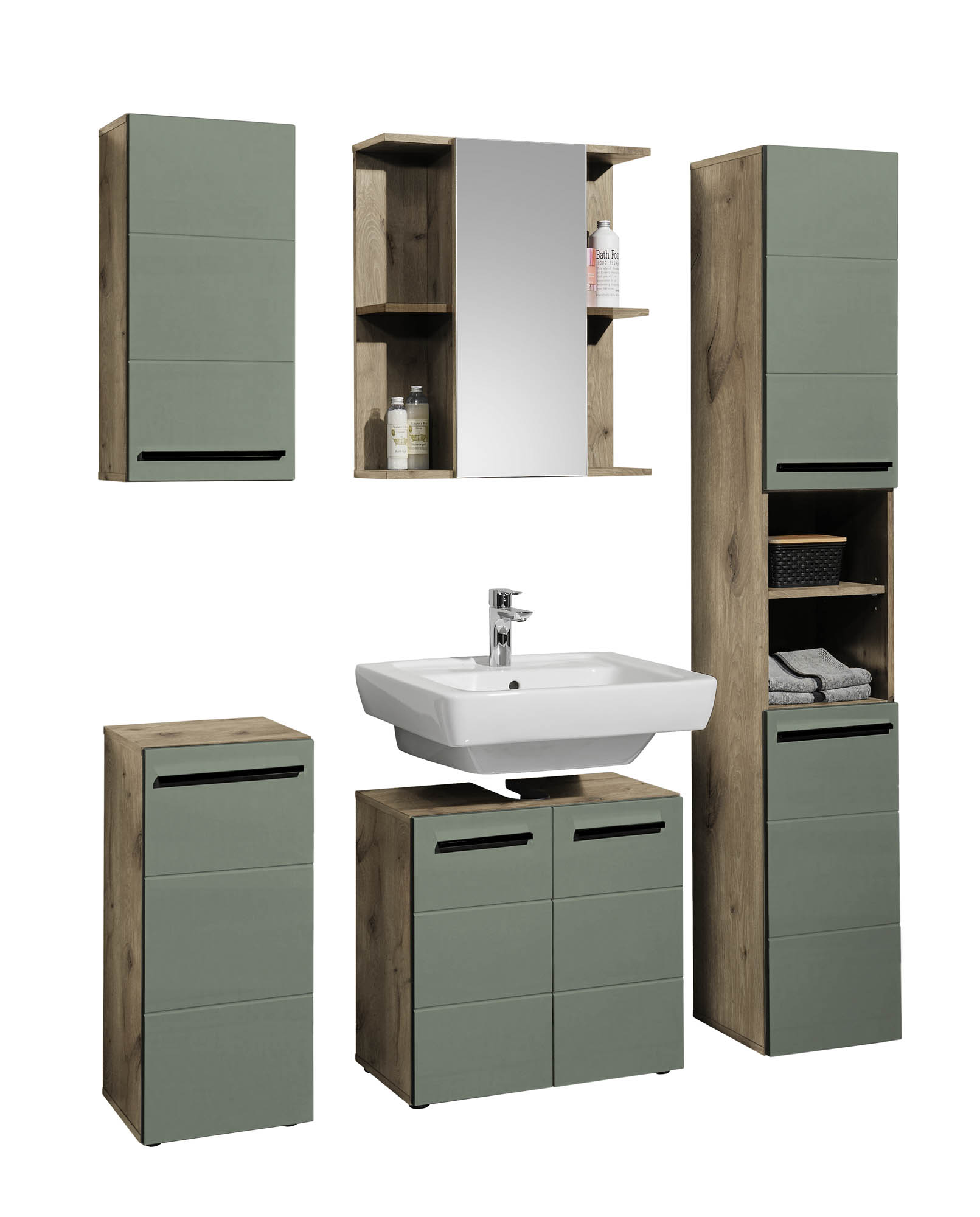 Waschbeckenunterschrank schilfgrün &  Viking Oak - Florenz - mit 2 Türen und 1 Einlegeboden