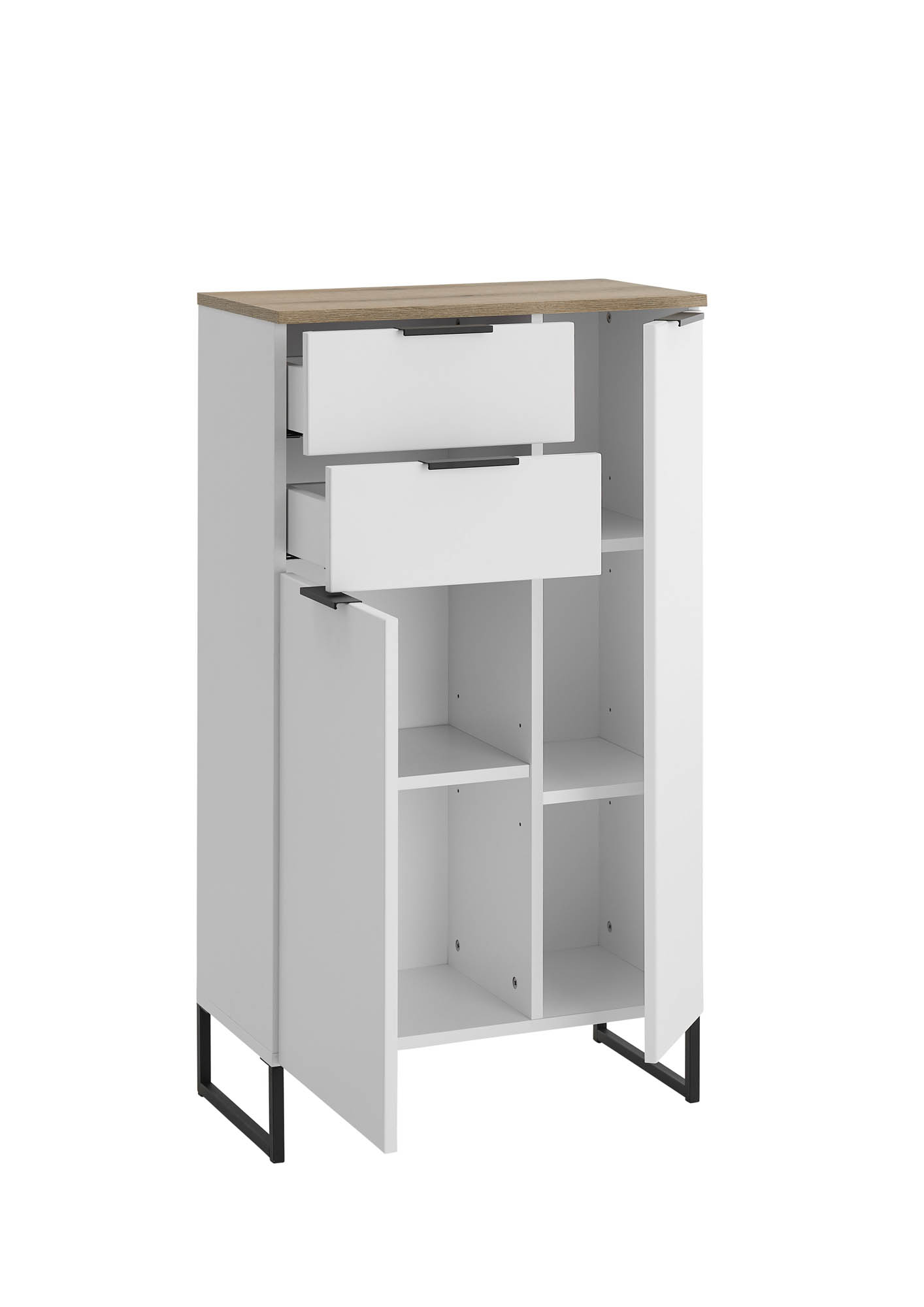 Highboard  weiß matt & Evoke Eiche melaminbeschichtet - Neapel - mit 2 Türen und 2 Schubkäste