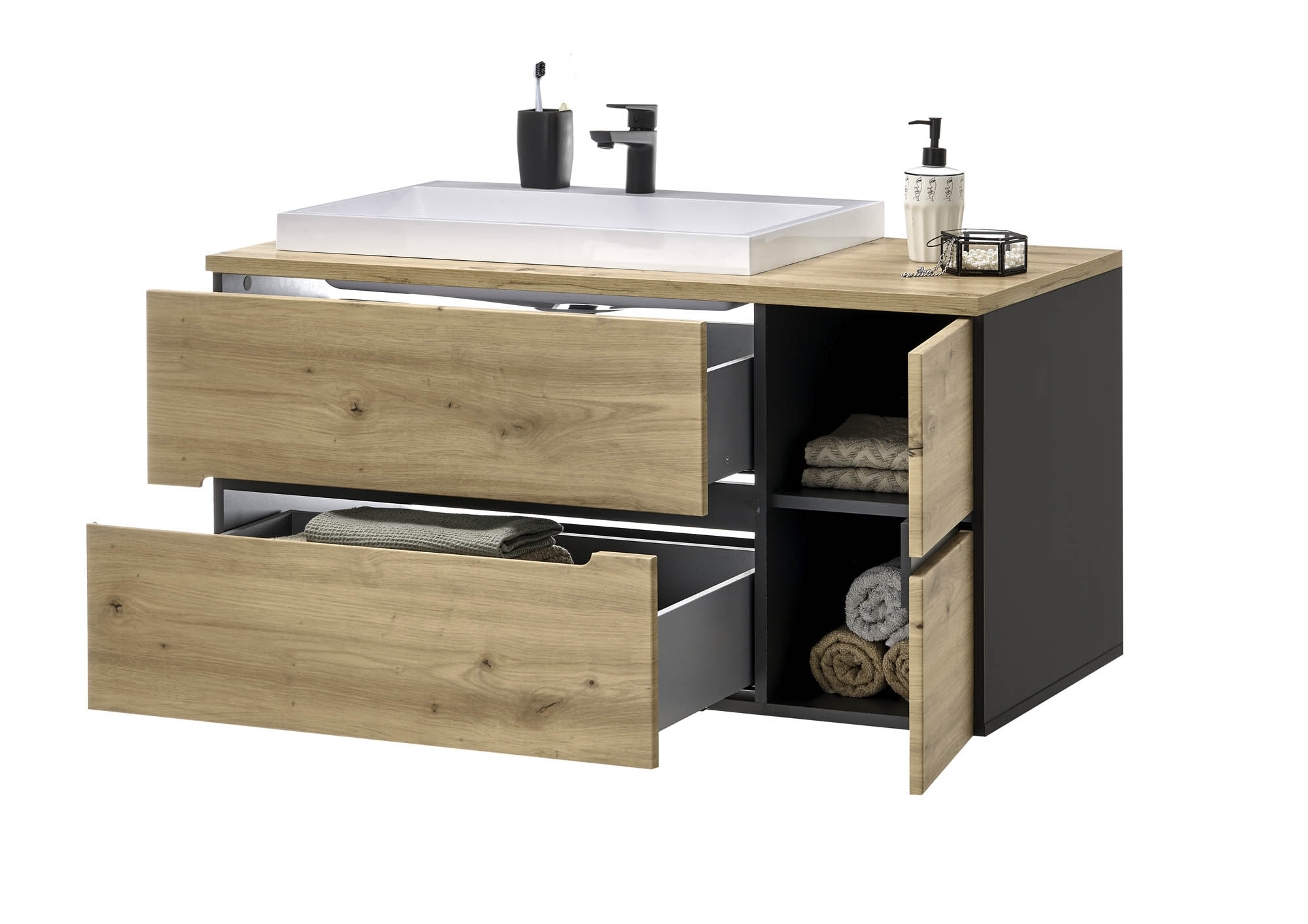 Waschbeckenunterschrank inkl. Becken Grau & Eiche - Rom -