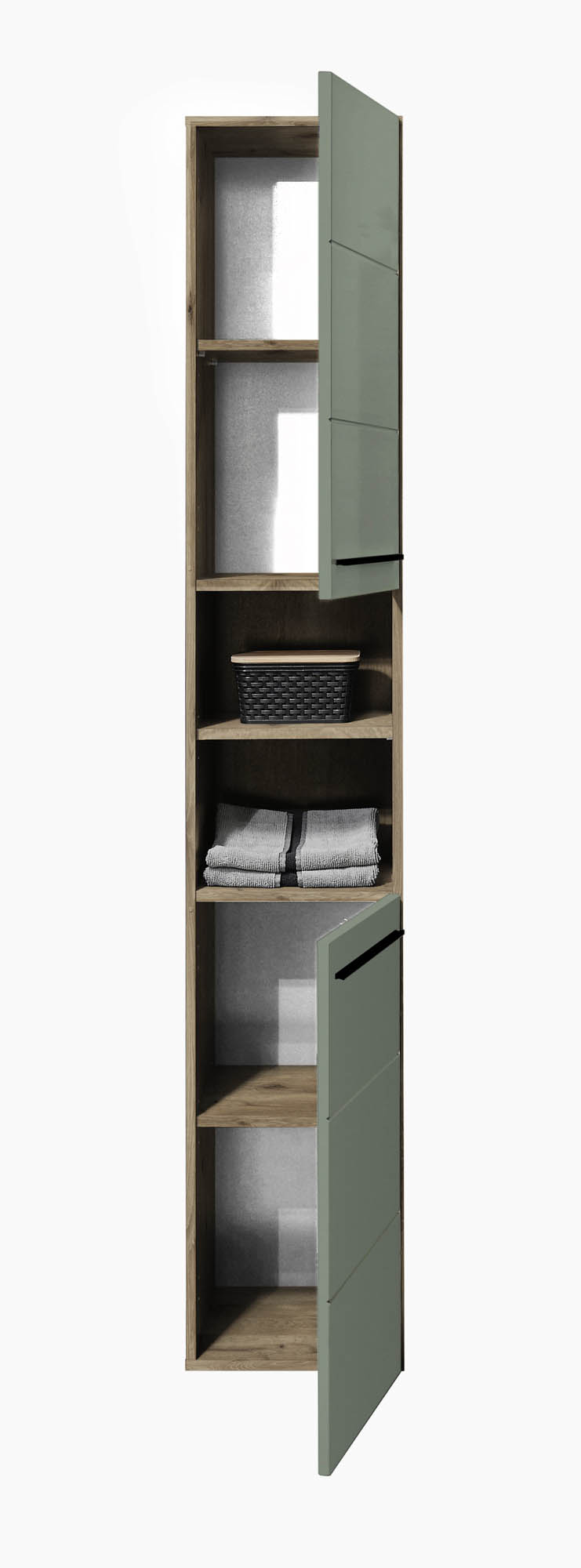 Hochschrank schilfgrün &  Viking Oak - Florenz - mit 2 Türen und 2 ofenen Fächer