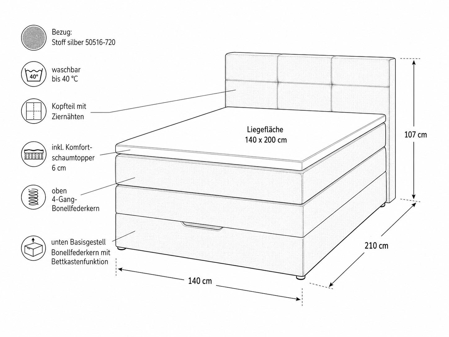 Boxspringbett inkl Topper in Stoff silber - 140 x 200cm - Skagen