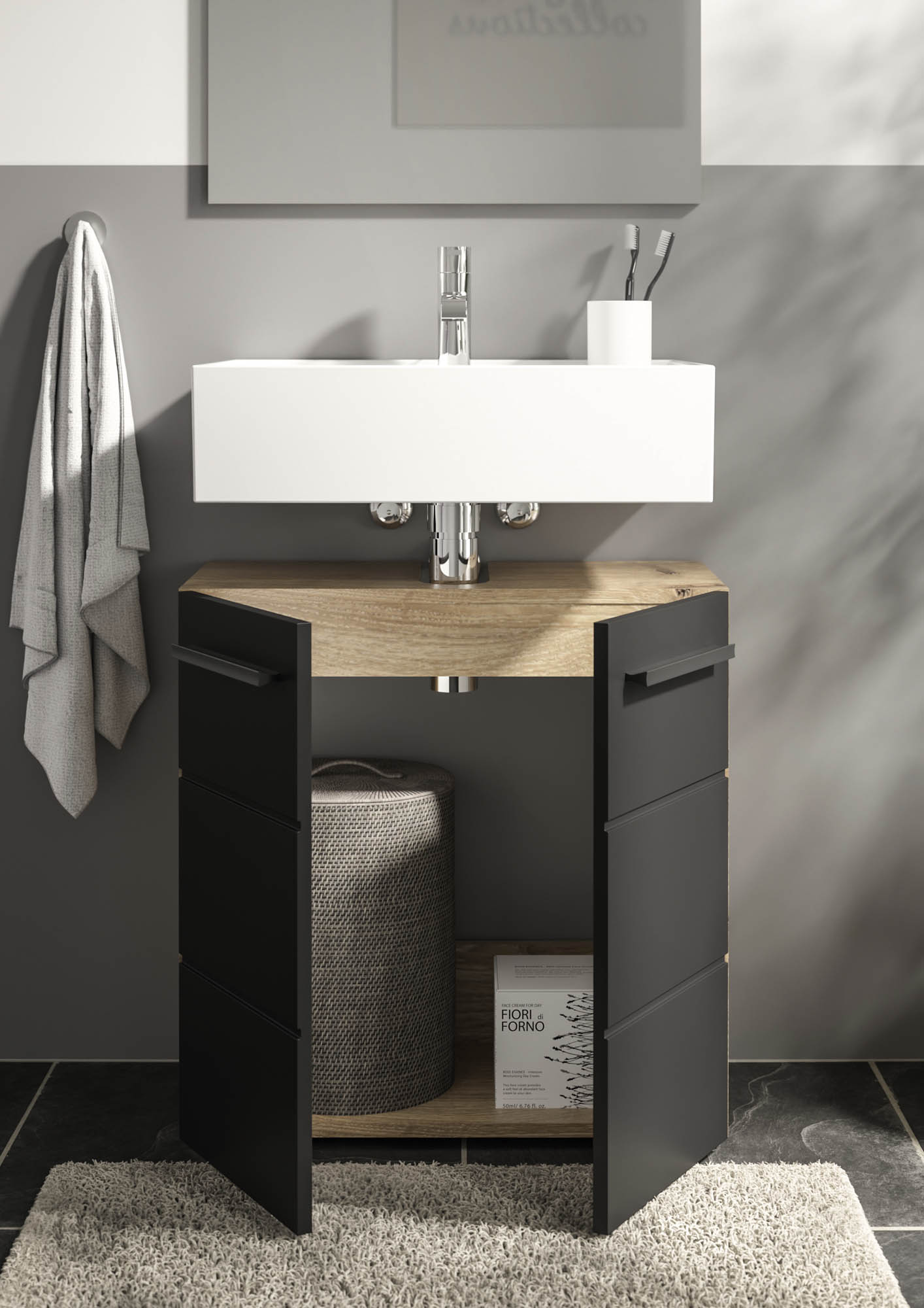 Waschbeckenunterschrank schwarz &  Viking Oak - Florenz - mit 2 Türen und 1 Einlegeboden