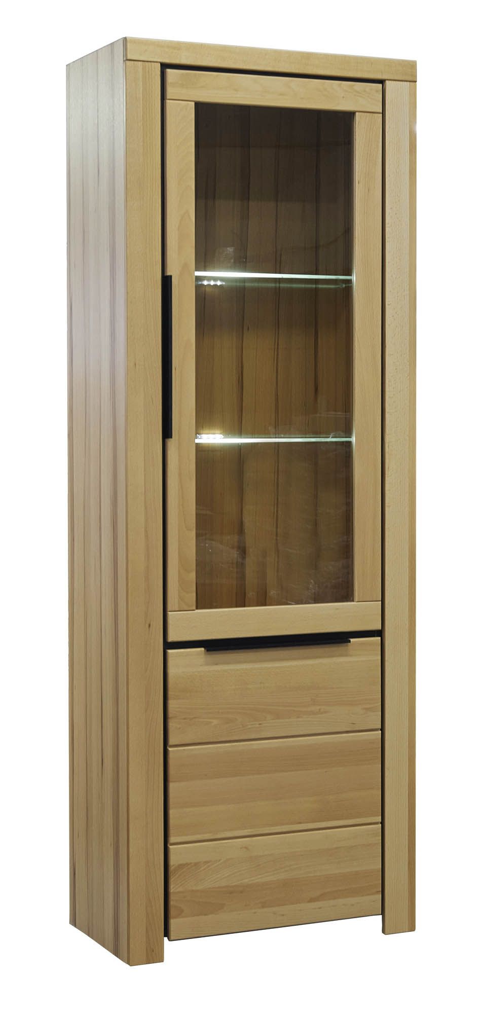 Vitrine schmal 1 Glastür oben und 1 Holztür unten - beidseitig anschlagbar - Buche massiv -  Broderick