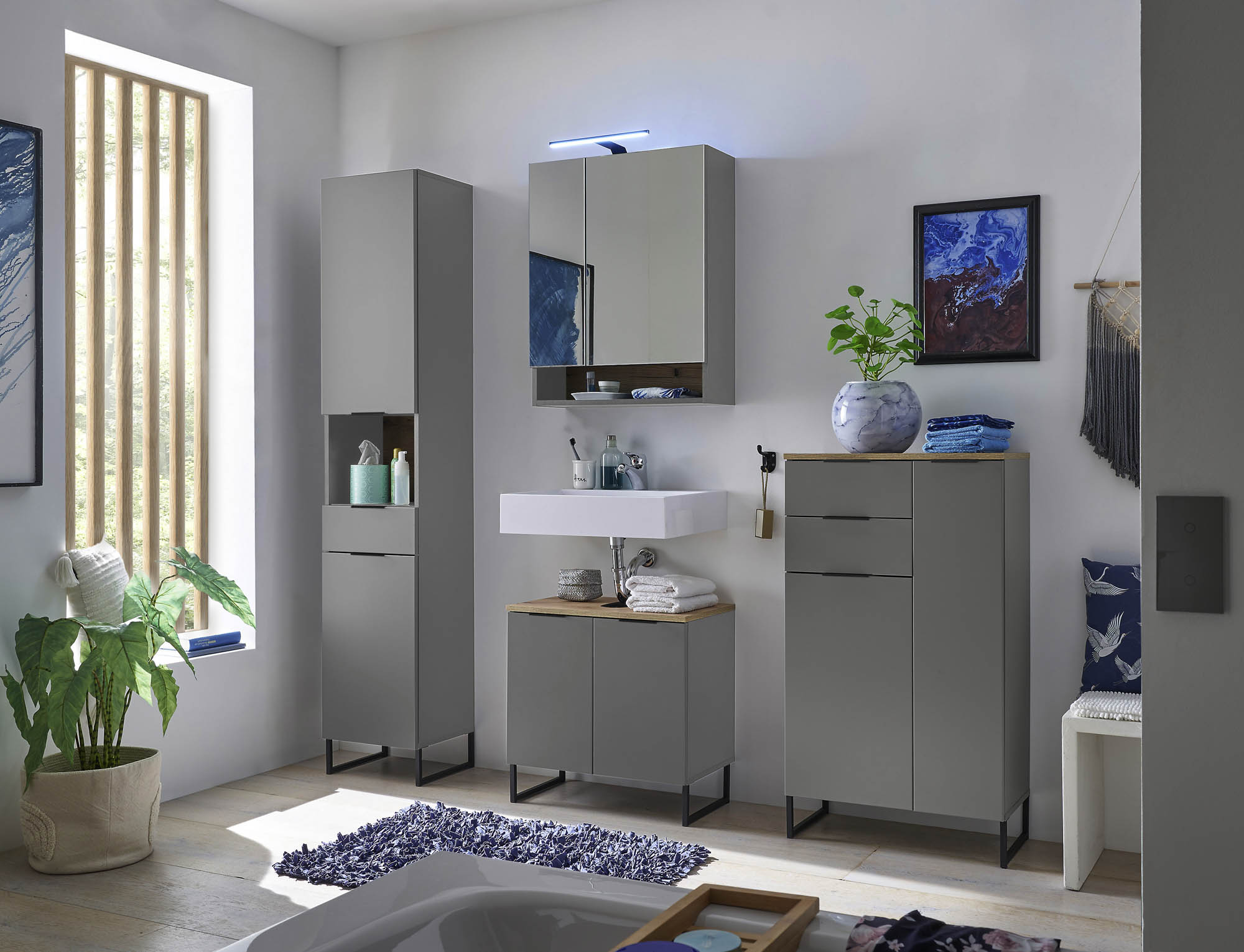 Hochschrank grau matt & Evoke Eiche melaminbeschichtet - Neapel - mit 2 Türen, 1 Schubkasten und 1 offenen Fach