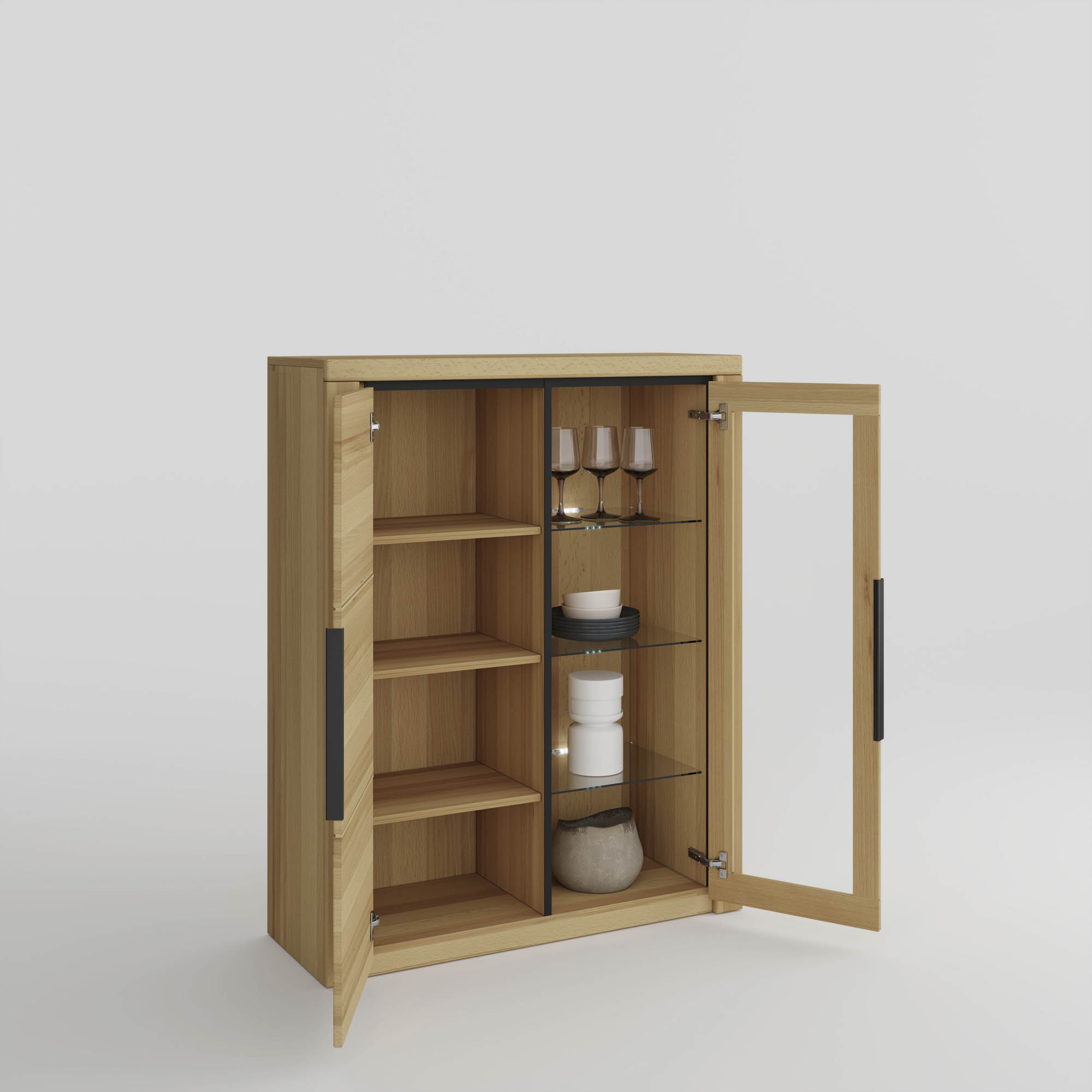 Vitrine halbhoch 1 Glastür und 1 Holztür Buche massiv -  Broderick