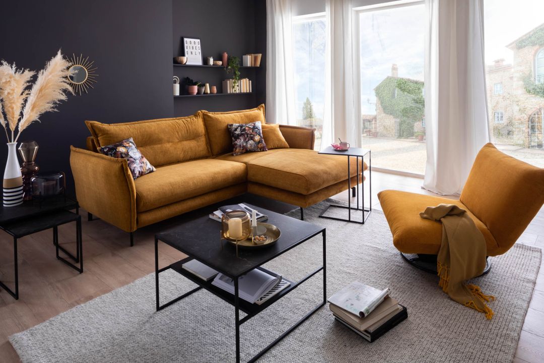 Benformato Wohnlandschaft Lava Recamiere rechts Stoff gelb 255 x 180 cm