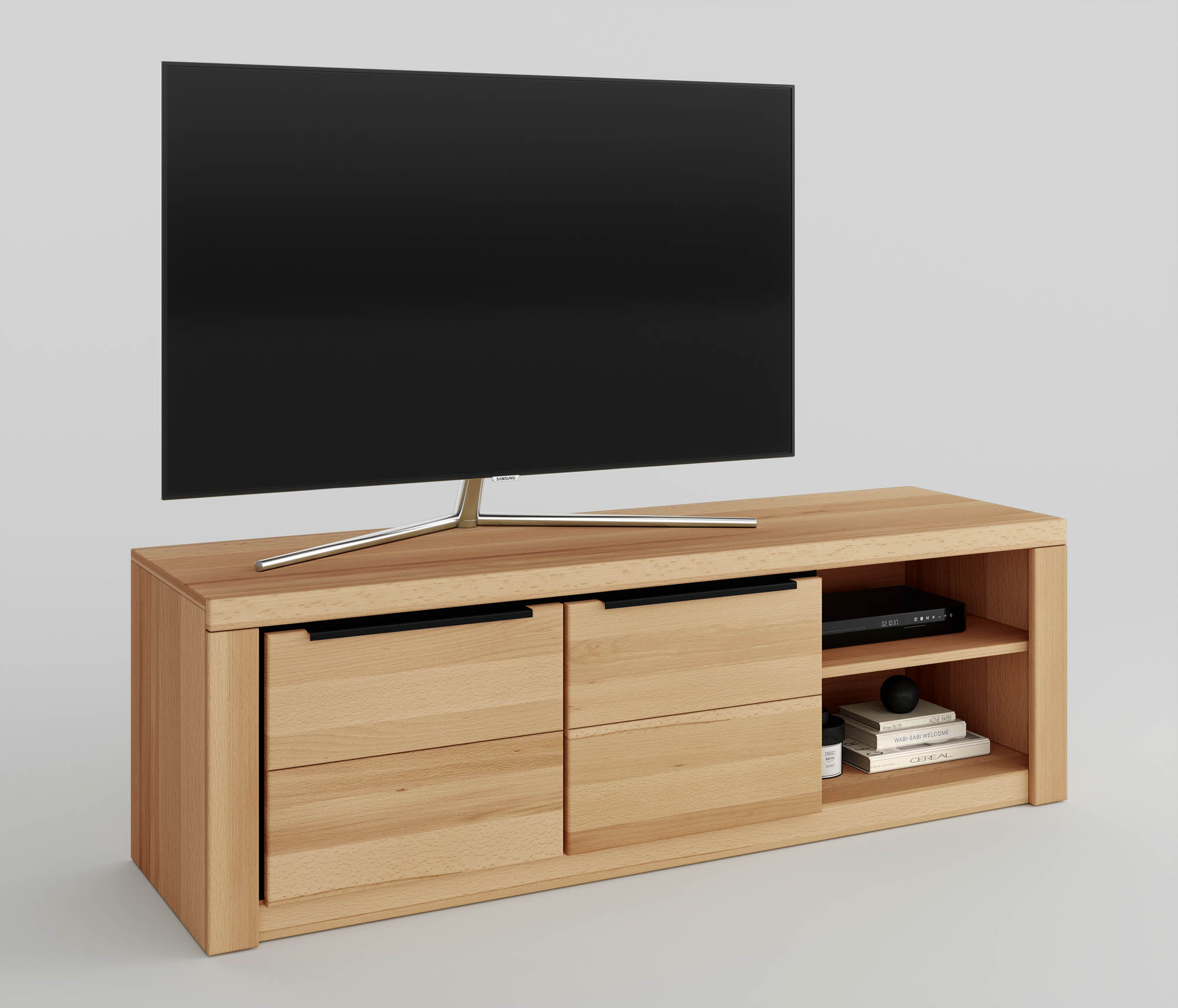 TV-Board 2 Holztüren, 2 Holzeinlegeböden und 2 offene Fächer - Buche massiv -  Broderick