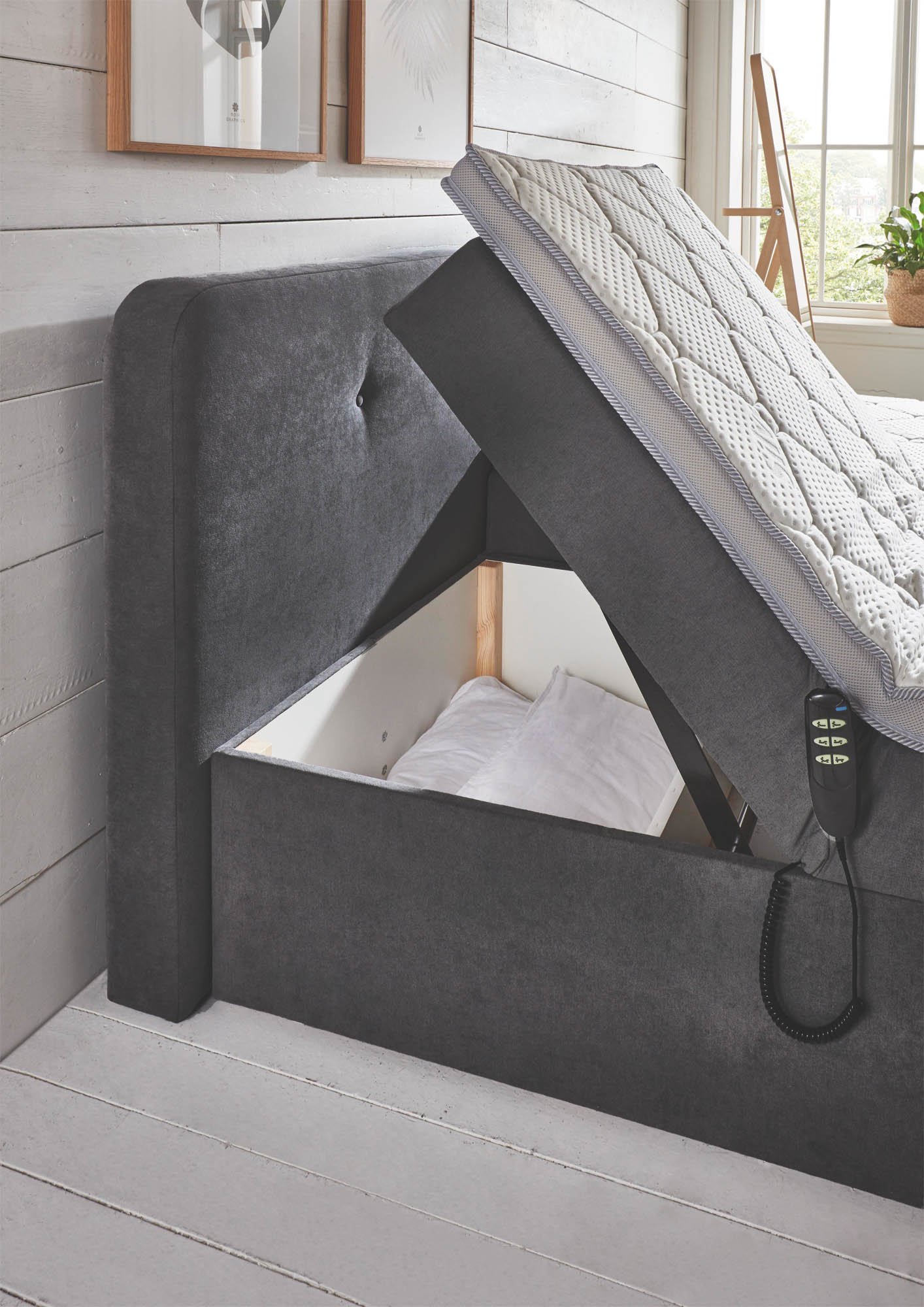 Boxspringbett 180 x 200 cm - mit motor. Rücken-/Fuß-Verstellung, 7 Zonen-Taschenfederkern, Stauraum und integriertem Topper - Sun Garden Bergen