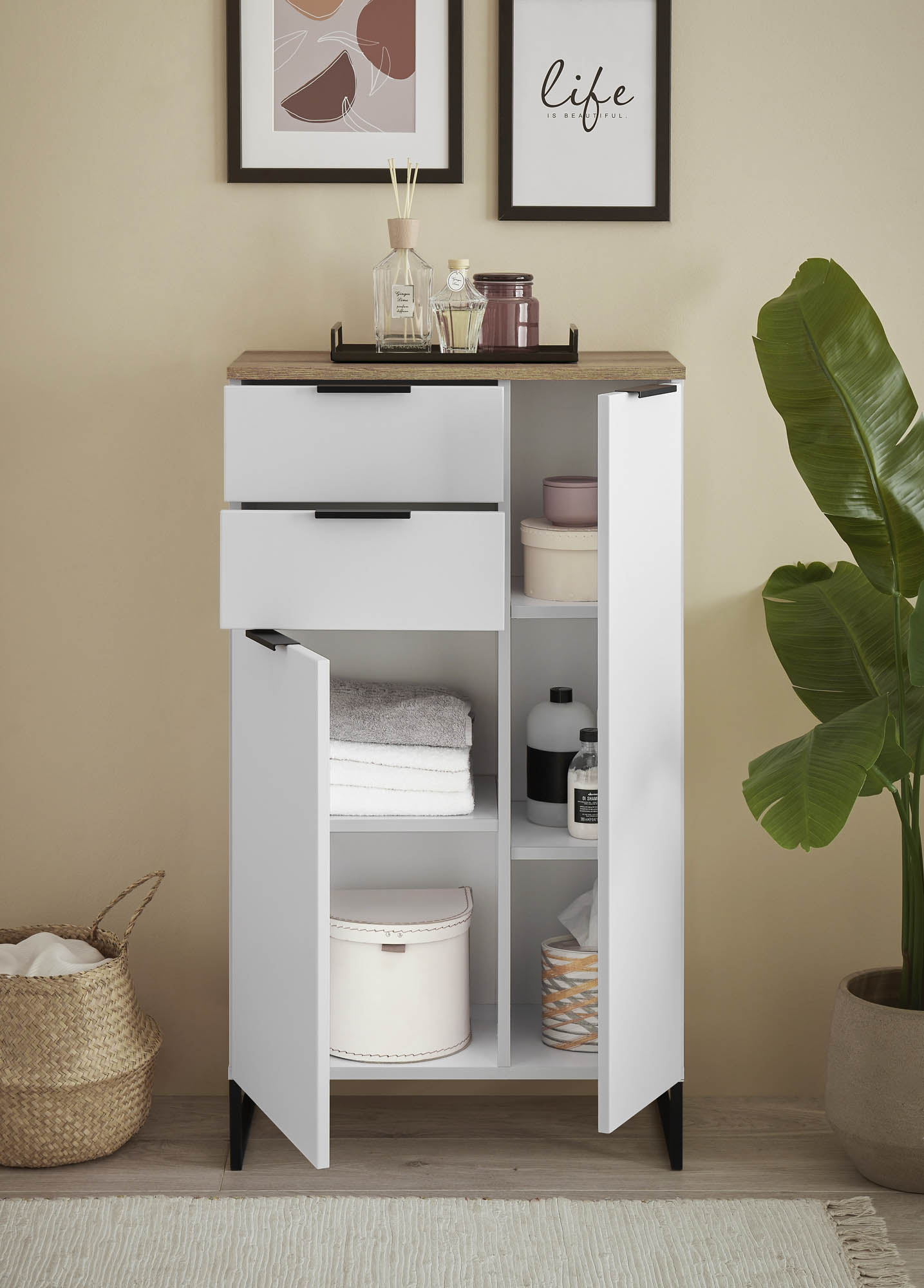 Highboard  weiß matt & Evoke Eiche melaminbeschichtet - Neapel - mit 2 Türen und 2 Schubkäste