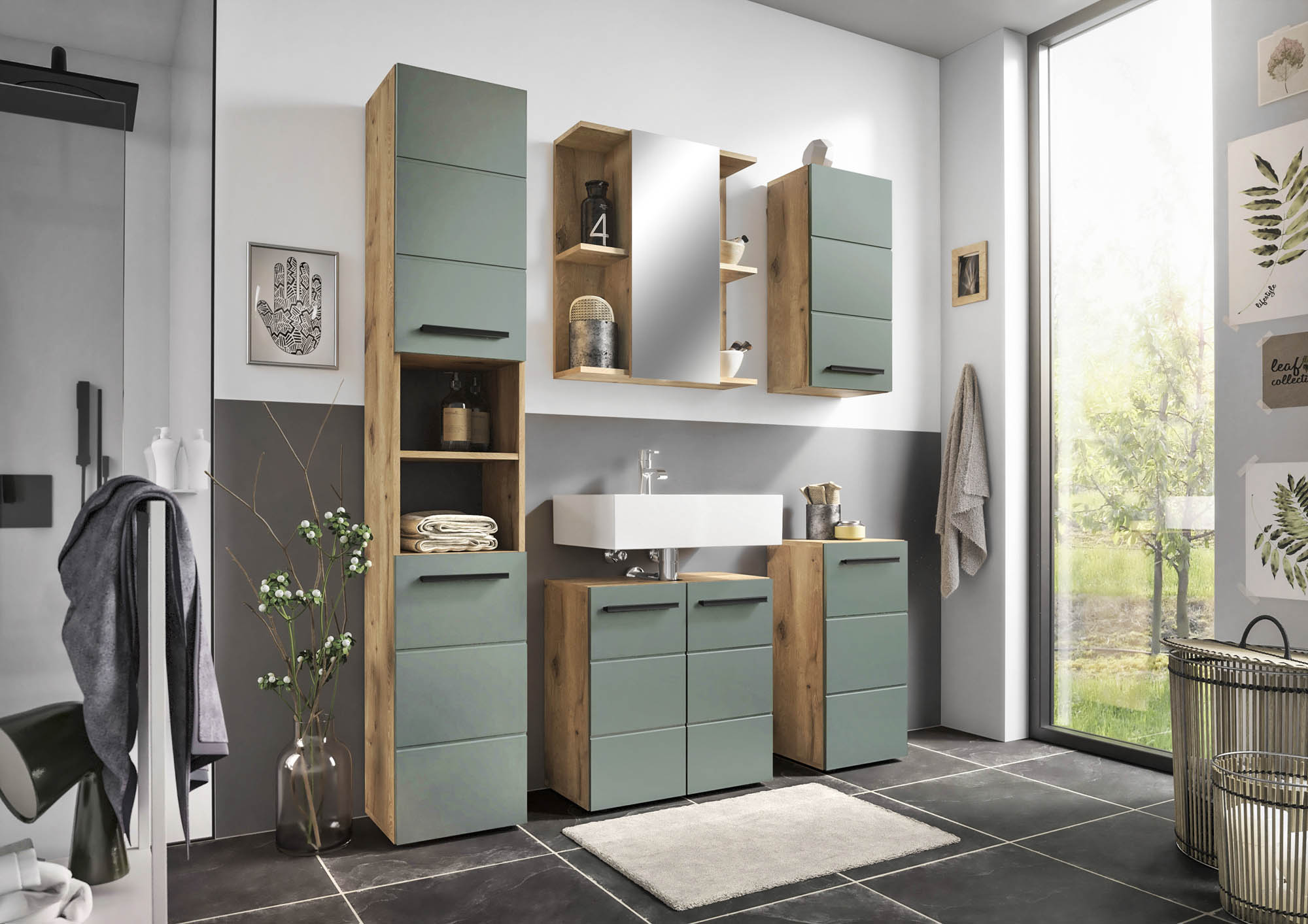 Spiegelschrank schilfgrün &  Viking Oak - Florenz - mit 3 Türen und 1 offenen Fach