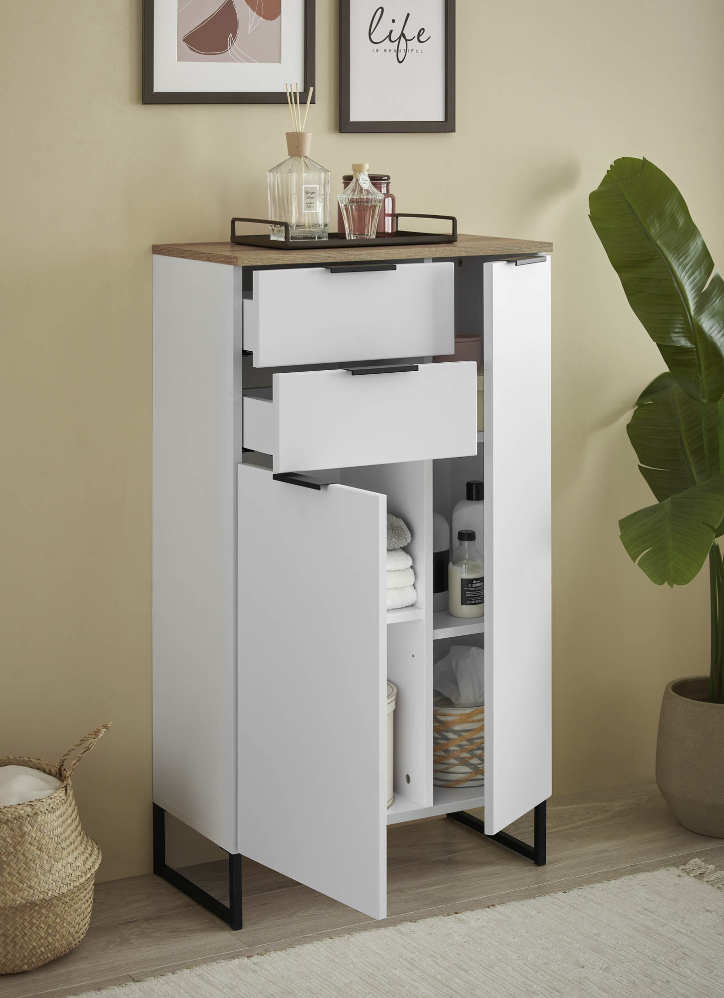 Highboard  weiß matt & Evoke Eiche melaminbeschichtet - Neapel - mit 2 Türen und 2 Schubkäste