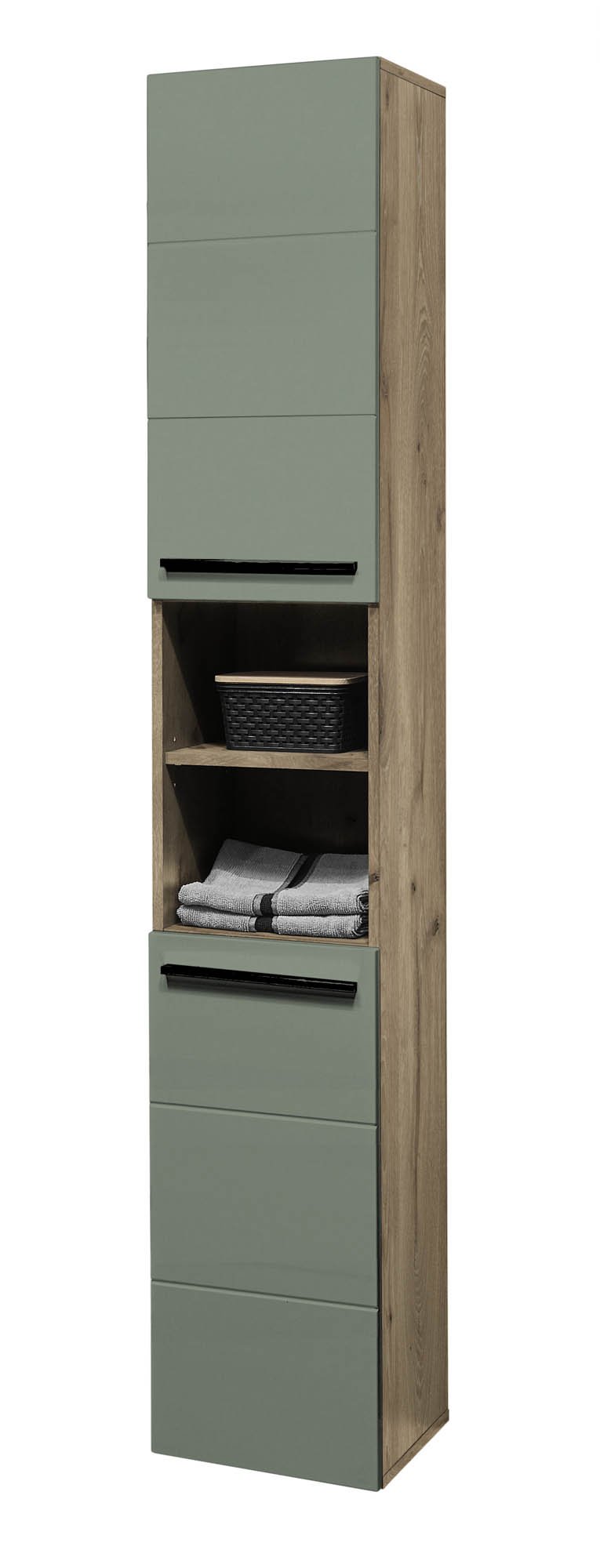 Hochschrank schilfgrün &  Viking Oak - Florenz - mit 2 Türen und 2 ofenen Fächer