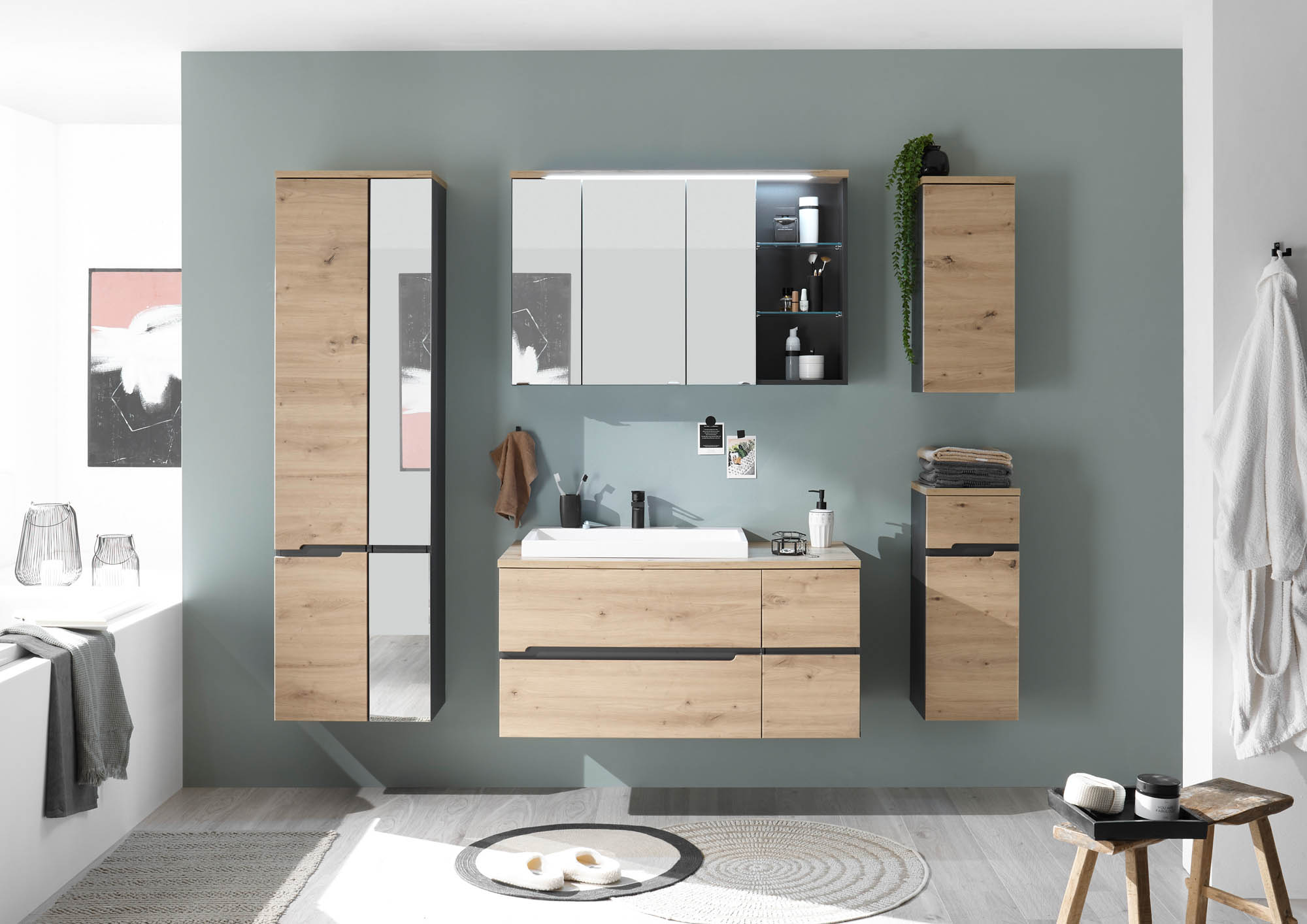 Waschbeckenunterschrank inkl. Becken Grau & Eiche - Rom -