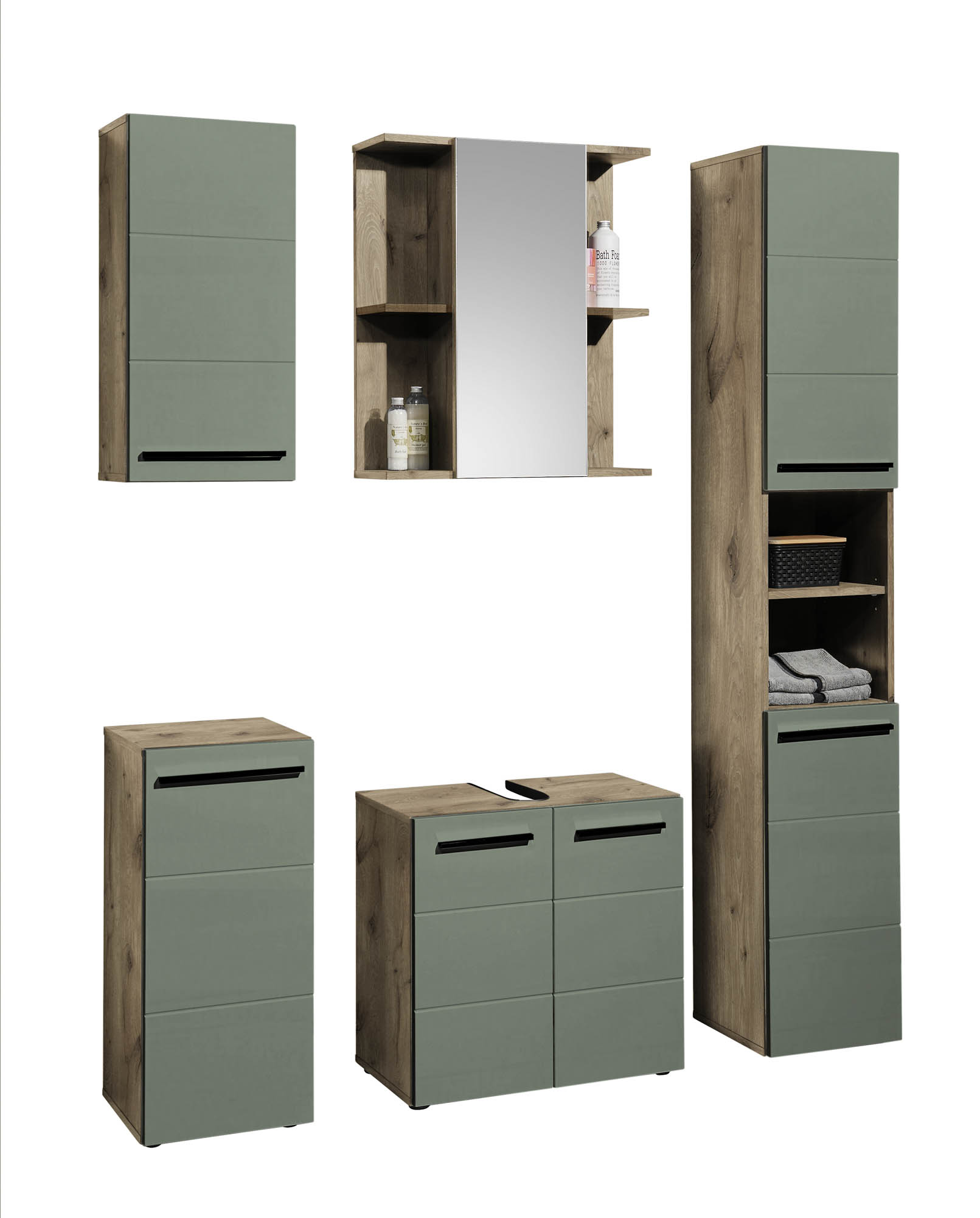 Hochschrank schilfgrün &  Viking Oak - Florenz - mit 2 Türen und 2 ofenen Fächer