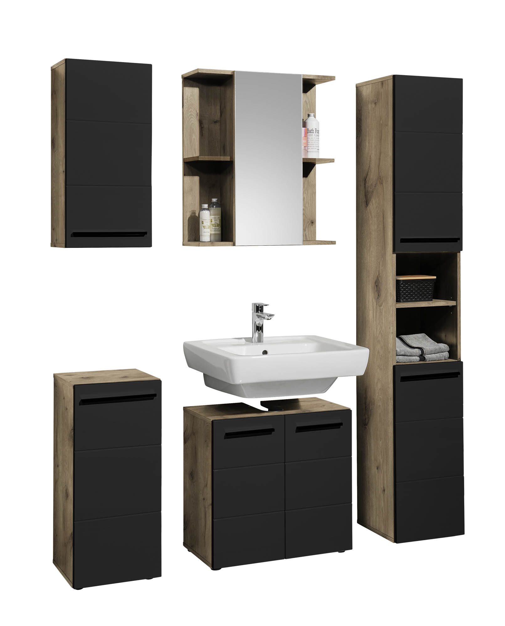 Waschbeckenunterschrank schwarz &  Viking Oak - Florenz - mit 2 Türen und 1 Einlegeboden