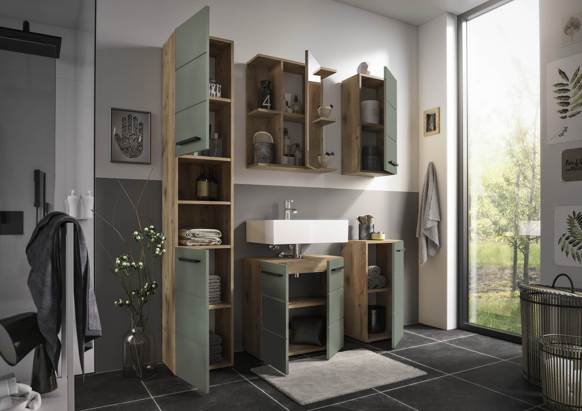Hochschrank schilfgrün &  Viking Oak - Florenz - mit 2 Türen und 2 ofenen Fächer