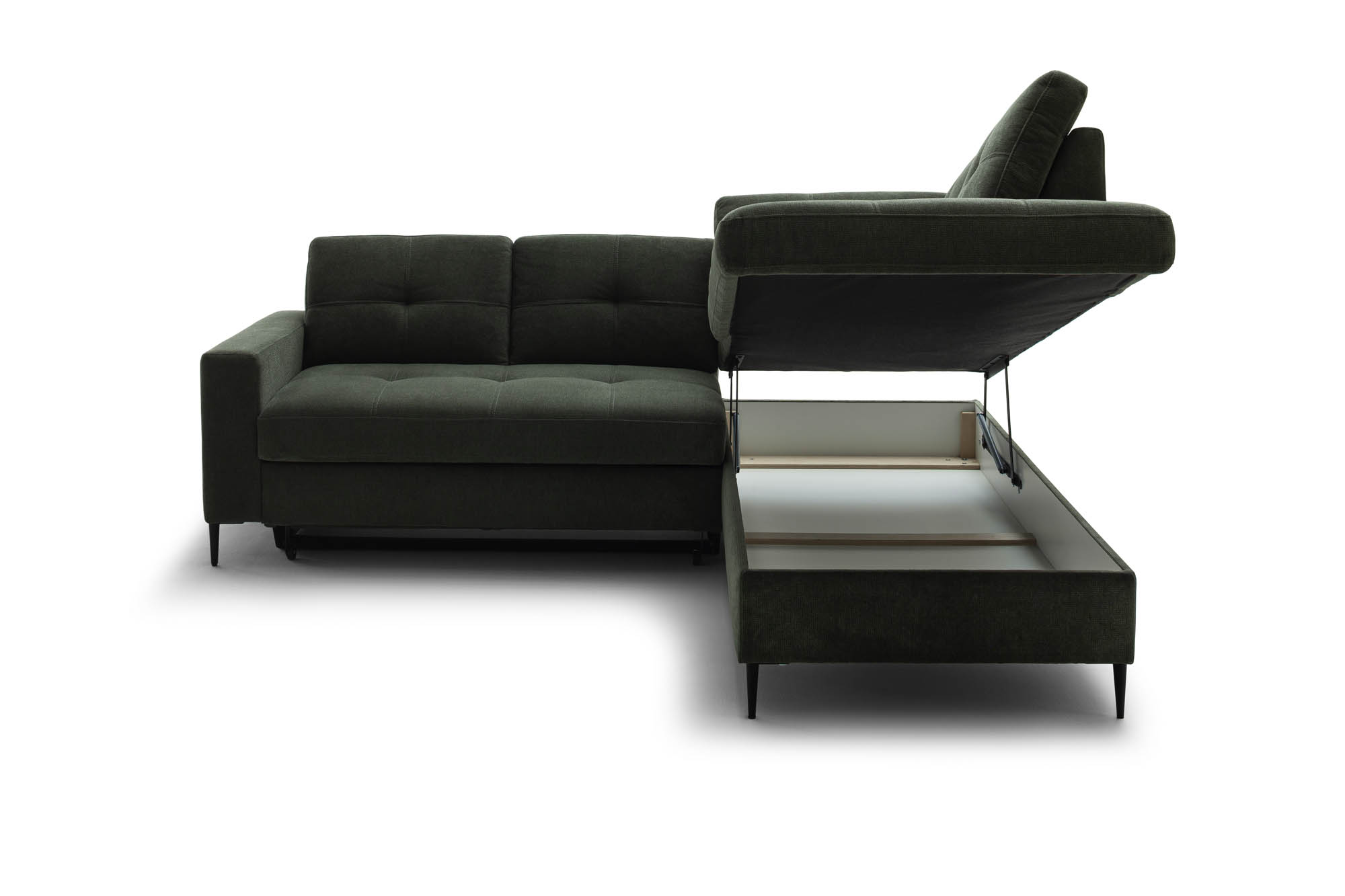 Wohnlandschaft Dunkelgrün Ottomane rechts inkl. Staukasten - 2-Sitzer Armlehne links inkl. Schlaffunktion - Benformato Wayne