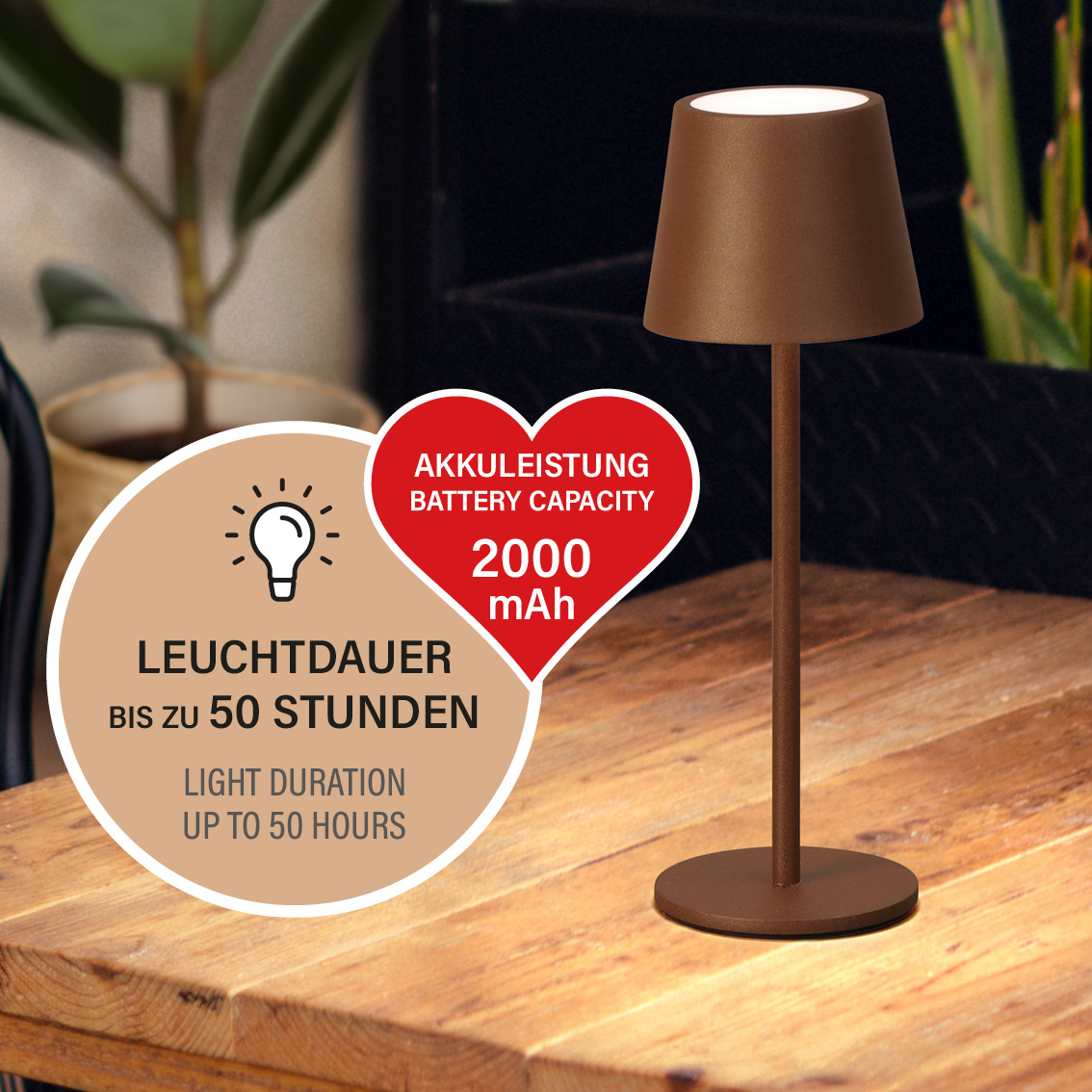 LED-Tisch/- und Außenleuchte Roxi rostfarben