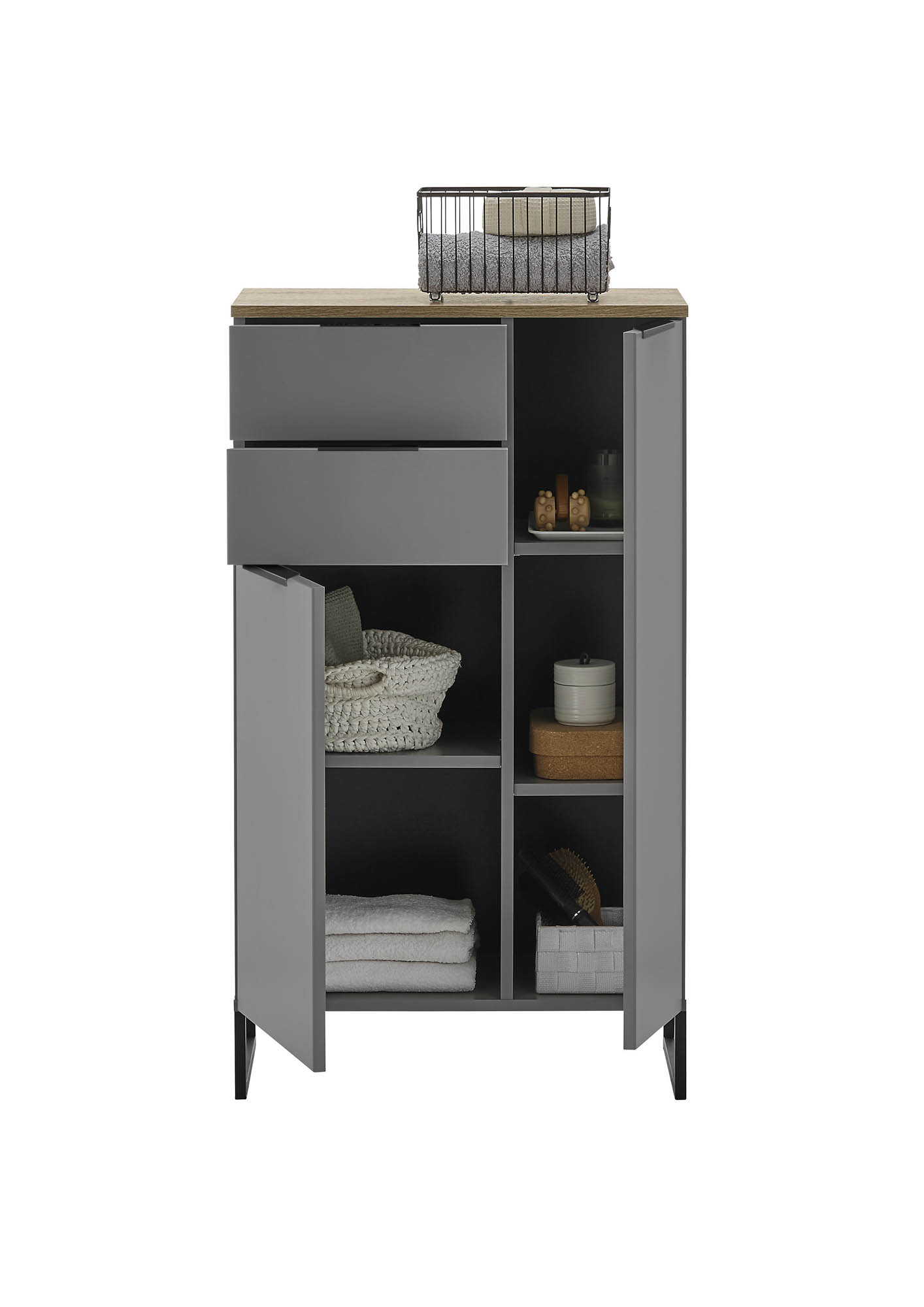 Highboard grau matt & Evoke Eiche melaminbeschichtet - Neapel - mit 2 Türen und 2 Schubkästen