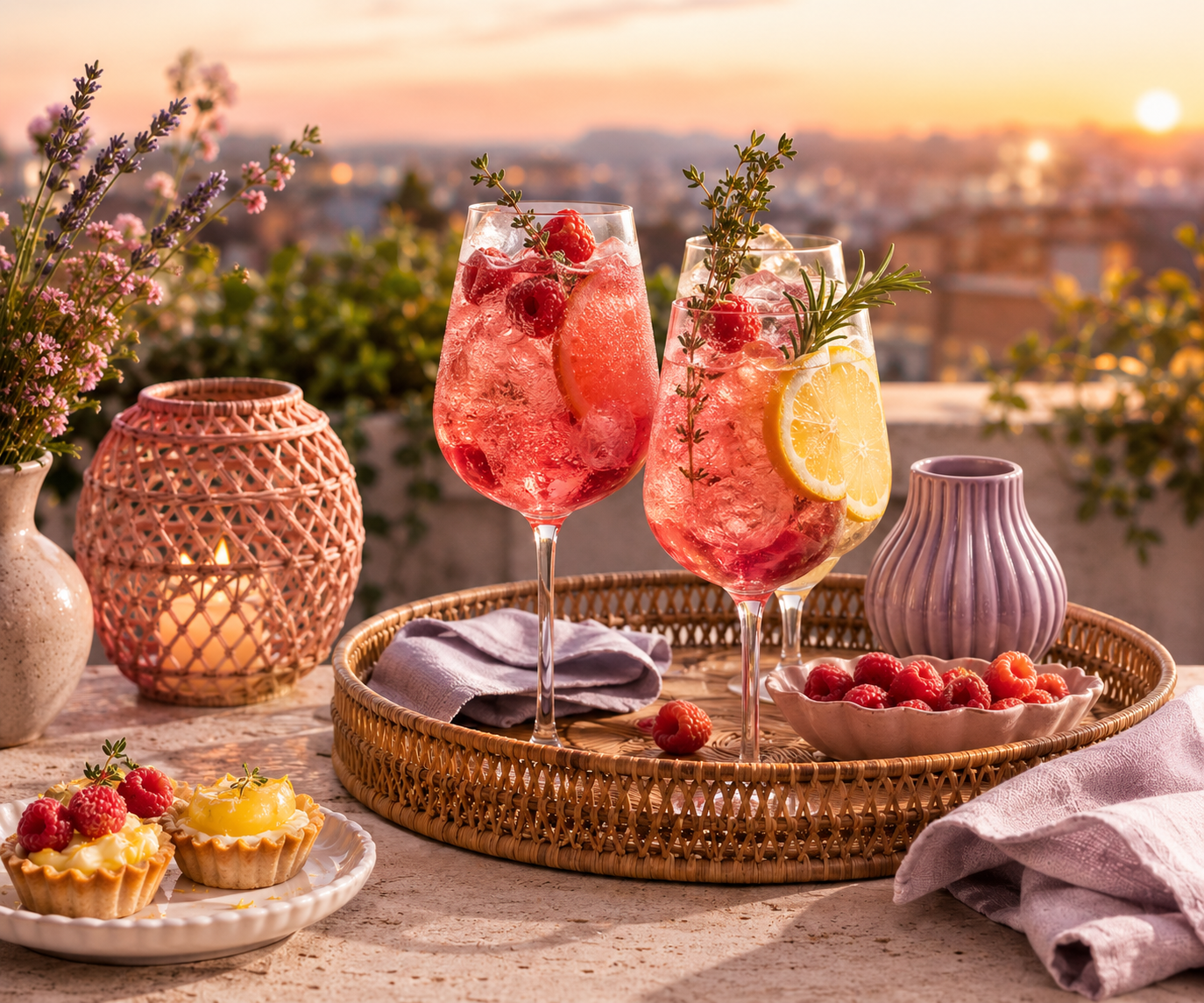 Sommerliche Getränke und ausgewählte Tischaccessoires vor einer stimmungsvollen Aussicht schaffen Inspiration für entspannte Abende im Freien.